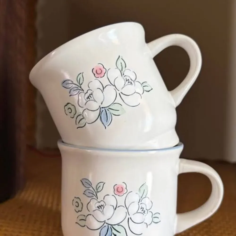 vintage set of floral cottage stoneware mugs